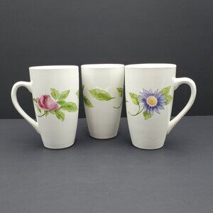 Pfaltzgraff Emma Tall Latte Mugs White Coffee Mugs Purple Pink Floral Flowers